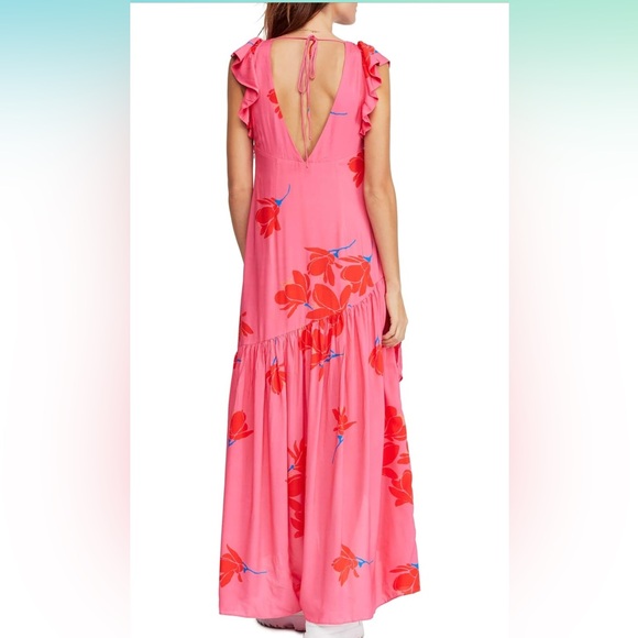 🌺 Free People She's A Waterfall High/Low Maxi Dress in Hibiscus Pink Floral, 8 - Picture 2 of 9